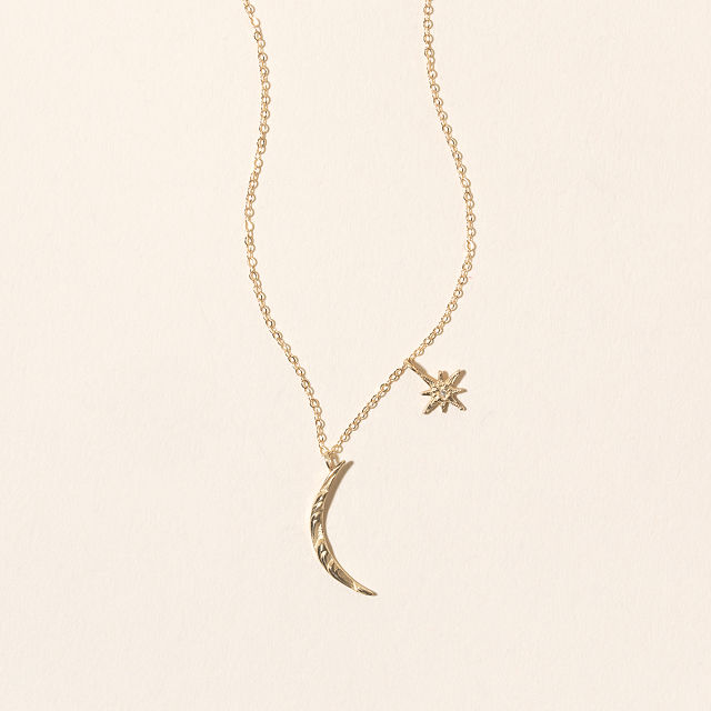 14k Gold & Diamond Moon and Star Necklace