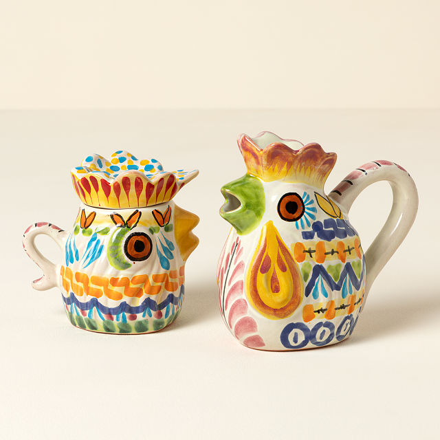 Majolica Rooster Creamer & Sugar Jar