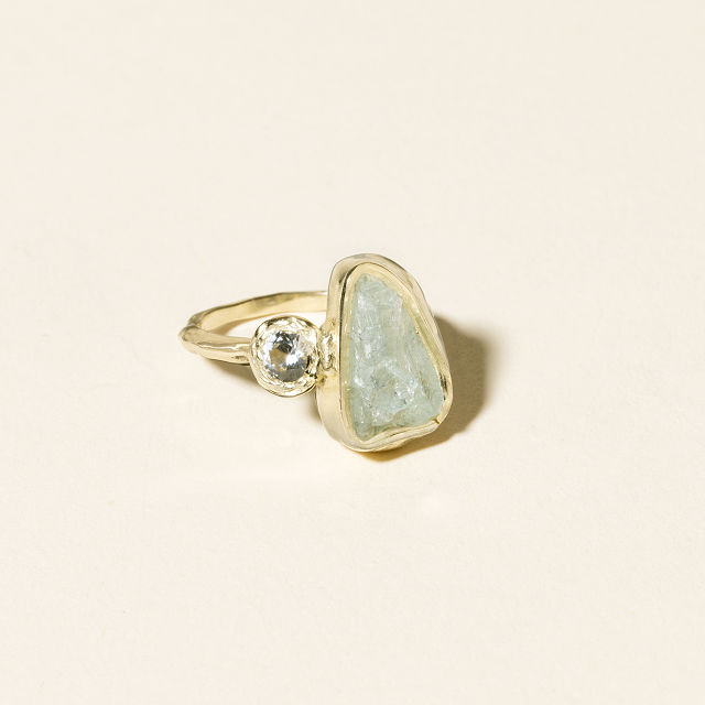 14k Gold Aqua Moon & Stars Ring